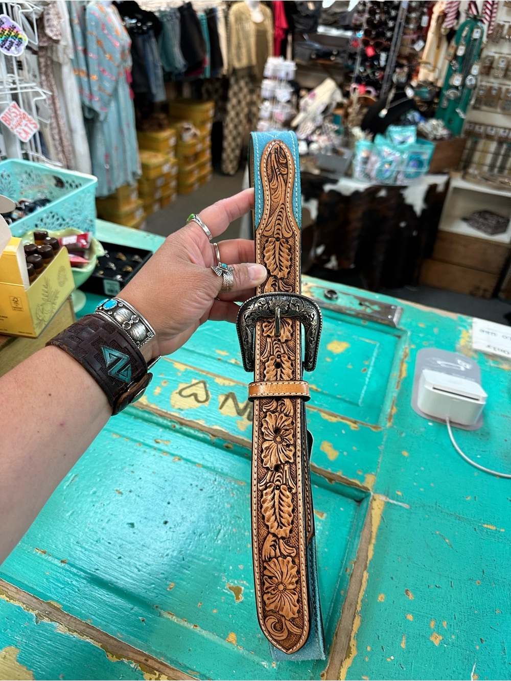 Turquoise Suede & Tooled Leather Belt